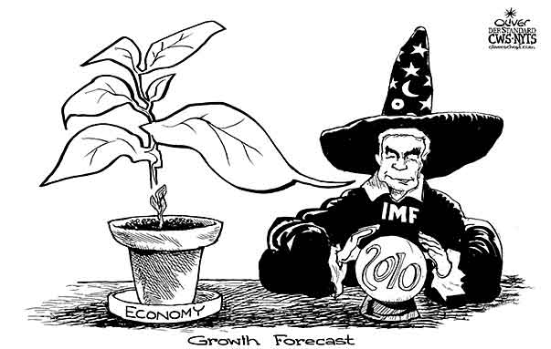 Oliver Schopf, editorial cartoons from Austria, cartoonist from Austria, Austrian illustrations, illustrator from Austria, editorial cartoon world 2009  economy, imf, strauss-kahn, plant, growth, forecast, balloon bowl soothsaying scrying