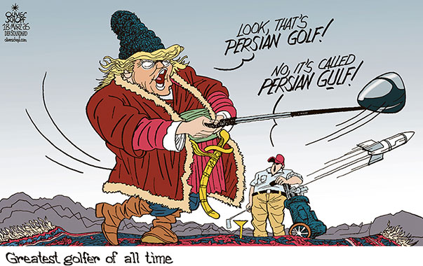 Oliver Schopf, editorial cartoons from Austria, cartoonist from Austria, Austrian illustrations, illustrator from Austria, editorial cartoon politics politician International, Cartoon Movement, @oliverschopf.bsky.social 2026: IRAN WAR MIDDLE EAST PERSIAN GULF TRUMP GOLF GOLFER ROCKET CLUB PERSIAN CARPET
 




 





 




























