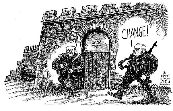 Oliver Schopf, editorial cartoons from Austria, cartoonist from Austria, Austrian illustrations, illustrator from Austria, editorial cartoon politics politician International, Cartoon Arts International, New York Times Syndicate, Cagle cartoon 2015 ISRAEL ELECTION BENJAMIN NETANYAHU SOLDIER CHANGE WALL SECURITY  
