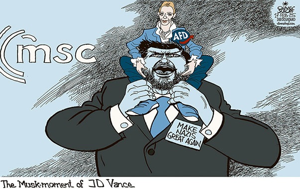 Oliver Schopf, editorial cartoons from Austria, cartoonist from Austria, Austrian illustrations, illustrator from Austria, editorial cartoon politics politician International, Cartoon Movement, @oliverschopf.bsky.social 2025: MUNICH SECURITY CONFERENCE MSC JD VANCE AfD ALICE WEIDEL SUPPORT ENCOURAGE MUSK SON SHOULDER IMAGE OVAL OFFICE NAZI
 




























