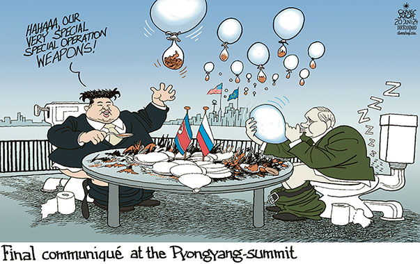 Oliver Schopf, editorial cartoons from Austria, cartoonist from Austria, Austrian illustrations, illustrator from Austria, editorial cartoon politics politician International, Cartoon Movement, CartoonArts International 2024: NORTH KOREA KIM JONG UN PUTIN MEETING SUMMIT PYONGYANG TRASH RUBBISH BALLOON STRATEGIC PARTNERSHIP FORTRESS TOILET BOWL FECES EXCREMENTS TABLE NEGOTIATIONS SPECIAL OPERATION Z















