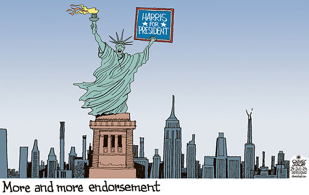 Oliver Schopf, editorial cartoons from Austria, cartoonist from Austria, Austrian illustrations, illustrator from Austria, editorial cartoon politics politician International, Cartoon Movement, CartoonArts International 2024: USA PRESIDENTIAL ELECTIONS JOE BIDEN STEPS DOWN KAMALA HARRIS SUCCESSOR DEMOCRATS STATUE OF LIBERTY LADY LIBERTY ENDORSEMENT 




















