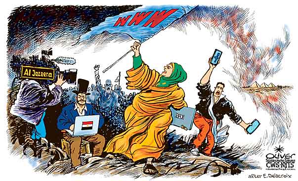 Oliver Schopf, editorial cartoons from Austria, cartoonist from Austria, Austrian illustrations, illustrator from Austria, editorial cartoon politics politician International 2011: liberty freedom revolution Delacroix painting internet facebook egypt







