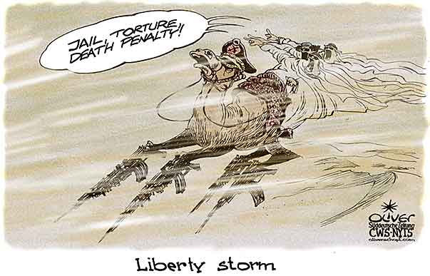 Oliver Schopf, editorial cartoons from Austria, cartoonist from Austria, Austrian illustrations, illustrator from Austria, editorial cartoon politics politician International 2011: : liberty desert storm camel army el-qaddafi sheikh






