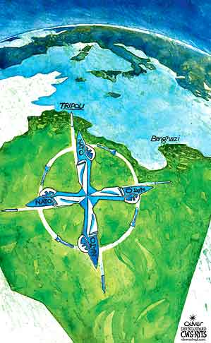 Oliver Schopf, editorial cartoons from Austria, cartoonist from Austria, Austrian illustrations, illustrator from Austria, editorial cartoon politics politician International 2011: libya nato logo compass rose no fly zone reticle target Tripoli benghazi






