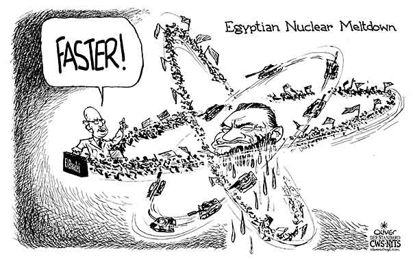 Oliver Schopf, editorial cartoons from Austria, cartoonist from Austria, Austrian illustrations, illustrator from Austria, editorial cartoon politics politician International 2011: Egypt Mubarak elbaradei iaea revolution atom nuclear meltdown


