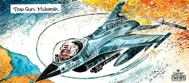 Oliver Schopf, editorial cartoons from Austria, cartoonist from Austria, Austrian illustrations, illustrator from Austria, editorial cartoon egypt 2011 revolution mubarak egypt top gun f-16 pilot fire burn
  width=