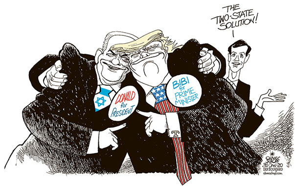 Oliver Schopf, editorial cartoons from Austria, cartoonist from Austria, Austrian illustrations, illustrator from Austria, editorial cartoon politics politician International, Politico, Cartoon Arts International, 2020 : USA ISRAEL TRUMP NETANYAHU JARED KUSHNER PEACE PLAN TWO-STATE SOLUTION PROMOTION CAMPAIGN ELECTIONS FRIENDS EMBRACE HUG     
 
