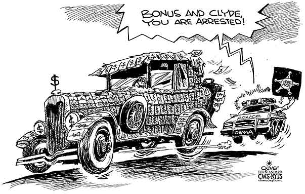 Oliver Schopf, editorial cartoons from Austria, cartoonist from Austria, Austrian illustrations, illustrator from Austria, editorial cartoon world 2009: bonus and clyde you are arrested obama, bonus, banks, manager, police, car chase, bonnie and clyde 