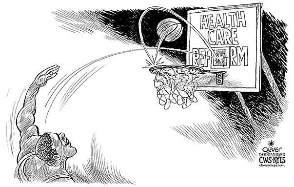 Oliver Schopf, editorial cartoons from Austria, cartoonist from Austria, Austrian illustrations, illustrator from Austria, editorial cartoon world 2009: usa, obama, health care, reform, basket ball,   