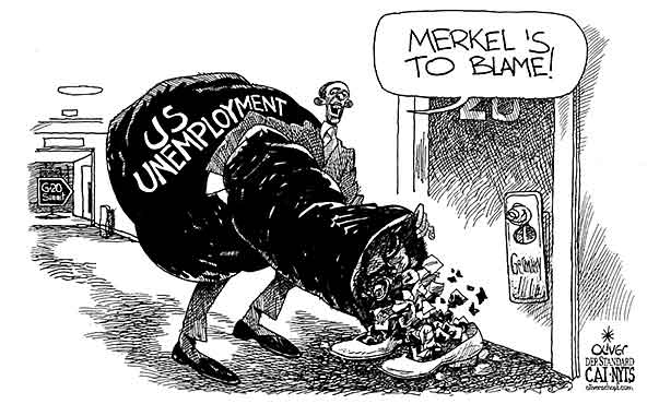 Oliver Schopf, editorial cartoons from Austria, cartoonist from Austria, Austrian illustrations, illustrator from Austria, editorial cartoon politics politician International, Cartoon Arts International, New York Times Syndicate, Cagle cartoon 2012: OBAMA MERKEL JOBS G20  SUMMIT MEXICO UNEMPLOYMENT BLAME SHOES HOTEL ROOM TRASH  


