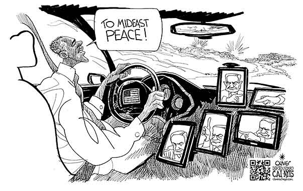 Oliver Schopf, editorial cartoons from Austria, cartoonist from Austria, Austrian illustrations, illustrator from Austria, editorial cartoon middle-east Mid East 2013 ISRAEL OBAMA NETANYAHU PEACE CAR DRIVING SATNAV GPS NAVIGATION 

 
