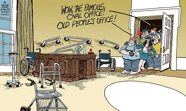 Oliver Schopf, editorial cartoons from Austria, cartoonist from Austria, Austrian illustrations, illustrator from Austria, editorial cartoon politics politician International, Cartoon Movement, CartoonArts International 2023: USA THE WHITE HOUSE OVAL OFFICE BIDEN OLD WALKING AID WHEELCHAIR ROLLATOR TOURIST GUIDE GERIATRIC CARE  








