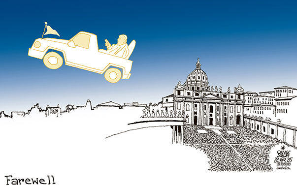 Oliver Schopf, editorial cartoons from Austria, cartoonist from Austria, Austrian illustrations, illustrator from Austria, editorial cartoon politics politician International, Cartoon Movement, @oliverschopf.bsky.social 2025: CATHOLIC CHURCH VATICAN ST. PETERS SQUARE POPE FRANCIS DEATH POPEMOBILE LIGHT ENERGY
 





























