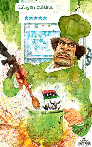 Oliver Schopf, editorial cartoons from Austria, cartoonist from Austria, Austrian illustrations, illustrator from Austria, editorial cartoon politics politician International 2011: libya qaddafi gadhafi cuisine cooking money freezer icebox fridge







