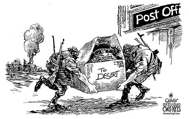 Oliver Schopf, editorial cartoons from Austria, cartoonist from Austria, Austrian illustrations, illustrator from Austria, editorial cartoon politics politician International 2011 libya tripoli gadhafi rebels desert parcel post office 


 




