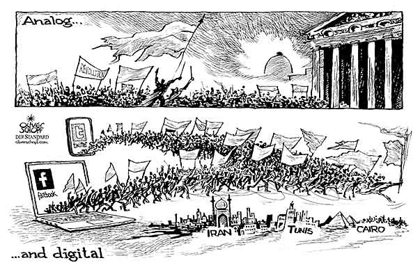 Oliver Schopf, editorial cartoons from Austria, cartoonist from Austria, Austrian illustrations, illustrator from Austria, editorial cartoon politics politician International 2011: revolution tunisia tunis egypt cairo iran facebook twitter




