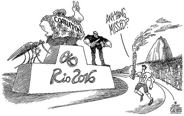 Oliver Schopf, editorial cartoons from Austria, cartoonist from Austria, Austrian illustrations, illustrator from Austria, editorial cartoon politics politician International, Cartoon Arts International, New York Times Syndicate, 2016: BRAZIL RIO 2016 OLYMPIC GAMES WINNER CORRUPTION ZIKA VIRUS VIOLENCE      
