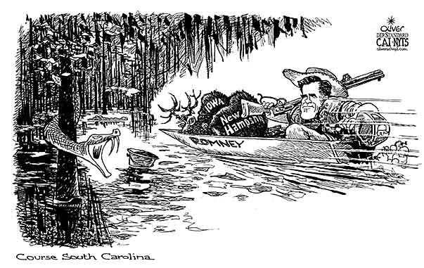 Oliver Schopf, editorial cartoons from Austria, cartoonist from Austria, Austrian illustrations, illustrator from Austria, editorial cartoon politics politician International 2012 USA MITT ROMNEY GOP CAUCUS IOWA NEW HAMPSHIRE SOUTH CAROLINA MUD HUNT CHASE EVERGLADES  




