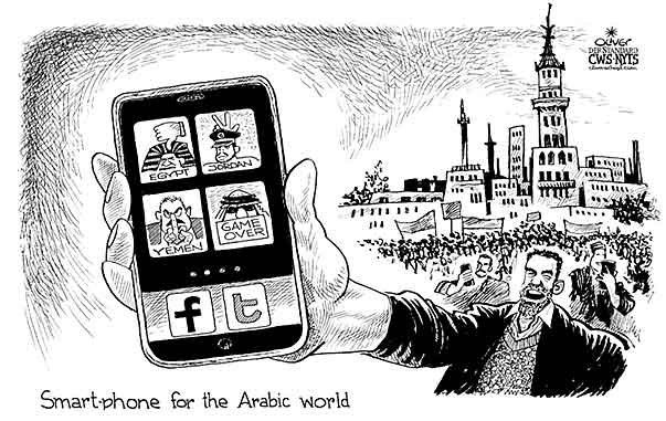 Oliver Schopf, editorial cartoons from Austria, cartoonist from Austria, Austrian illustrations, illustrator from Austria, editorial cartoon politics politician International 2011: smart-phone cell-phone app internet revolution Egypt middle east protest protesters




