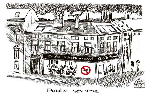 Oliver Schopf, editorial cartoons from Austria, cartoonist from Austria, Austrian illustrations, illustrator from Austria, editorial cartoon politics politician International 2010: smoke no smoking café restaurant public space roof chimney






