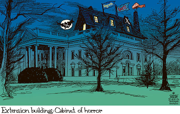 Oliver Schopf, editorial cartoons from Austria, cartoonist from Austria, Austrian illustrations, illustrator from Austria, editorial cartoon politics politician International, Cartoon Movement, 2024: USA TRUMP ADMINISTRATION THE WHITE HOUSE CABINET MUSK X GAETZ HEGSETH MAGA CHAMBER OF HORROR ARCHITECTURE EXTENSION BUILDING ROOF 

























