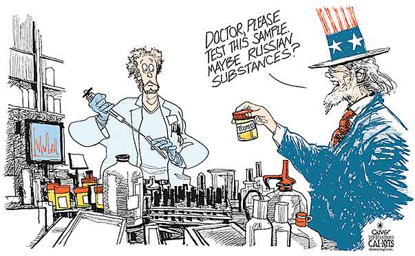 Oliver Schopf, editorial cartoons from Austria, cartoonist from Austria, Austrian illustrations, illustrator from Austria, editorial cartoon politics politician International, Cartoon Arts International, New York Times Syndicate, Cagle cartoon 2016 DONALD TRUMP DOPING URINE SAMPLE RUSSIA ANALYSIS RESEARCH TEST    

