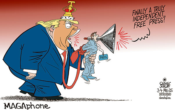 Oliver Schopf, editorial cartoons from Austria, cartoonist from Austria, Austrian illustrations, illustrator from Austria, editorial cartoon politics politician International, Cartoon Movement, @oliverschopf.bsky.social 2025: USA TRUMP PRESS FREEDOM JOURNALISM MAGA MEGAPHONE INDEPENDENCE KING CROWN TIE REPORTERS SANS FRONTIÈRE 
 




























