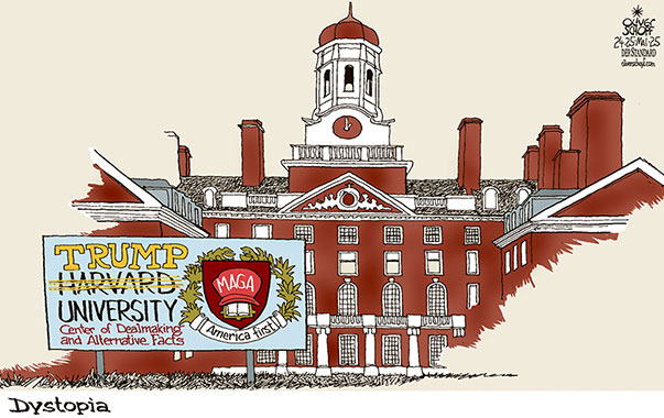 Oliver Schopf, editorial cartoons from Austria, cartoonist from Austria, Austrian illustrations, illustrator from Austria, editorial cartoon politics politician International, Cartoon Movement, @oliverschopf.bsky.social 2025: USA TRUMP HARVARD UNIVERSITY BOSTON CAMPUS PRESSURE SCIENCE RESEARCH FREEDOM MAGA AMERICA FIRST DYSTOPIA
 




























