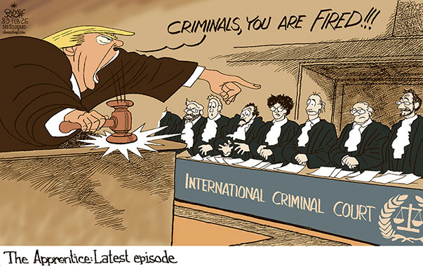 Oliver Schopf, editorial cartoons from Austria, cartoonist from Austria, Austrian illustrations, illustrator from Austria, editorial cartoon politics politician International, Cartoon Movement, @oliverschopf.bsky.social 2025: INTERNATIONAL CRIMINAL COURT ICC THE HAGUE JUDGE DONALD TRUMP SANCTIONS TARGET THE APPRENTICE YOU ARE FIRED

























