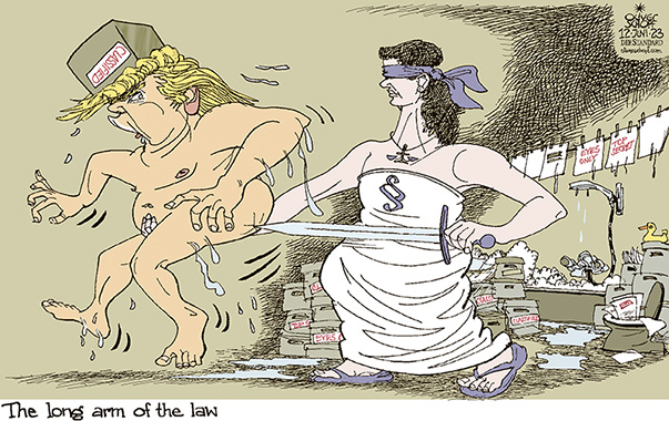 Oliver Schopf, editorial cartoons from Austria, cartoonist from Austria, Austrian illustrations, illustrator from Austria, editorial cartoon politics politician International, Cartoon Movement, CartoonArts International 2023: TRUMP INDICTMENT FILES CLASSIFIED EYES ONLY TOP SECRET MAR-A-LAGO BATHROOM JUSTICE JUSTITIA LONG ARM OF THE LAW NAKED
