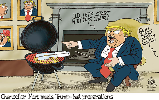 Oliver Schopf, editorial cartoons from Austria, cartoonist from Austria, Austrian illustrations, illustrator from Austria, editorial cartoon politics politician International, Cartoon Movement, @oliverschopf.bsky.social 2025: USA TRUMP THE WHITE HOUSE OVAL OFFICE CHANCELLOR FRIEDRICH MERZ VISIT CHAIR GRILL BARBECUE GRILLING DRILL BABY DRILL JD VANCE


 




























