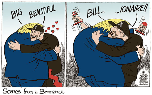 Oliver Schopf, editorial cartoons from Austria, cartoonist from Austria, Austrian illustrations, illustrator from Austria, editorial cartoon politics politician International, Cartoon Movement, @oliverschopf.bsky.social 2025: USA TRUMP MUSK BROMANCE FEUD CONFLICT QUARREL BIG BEUTIFUL BILL BILLIONAIRE DOGE LOVE HUGGING KNIVE BACK 


 




























