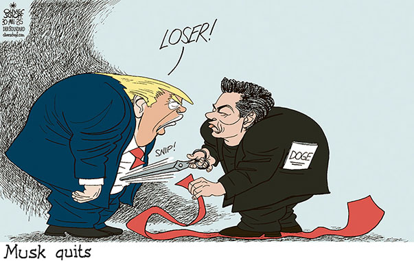 Oliver Schopf, editorial cartoons from Austria, cartoonist from Austria, Austrian illustrations, illustrator from Austria, editorial cartoon politics politician International, Cartoon Movement, @oliverschopf.bsky.social 2025: USA TRUMP ELON MUSK DOGE END QUIT QUITTING TIE SCISSORS LOSER


 




























