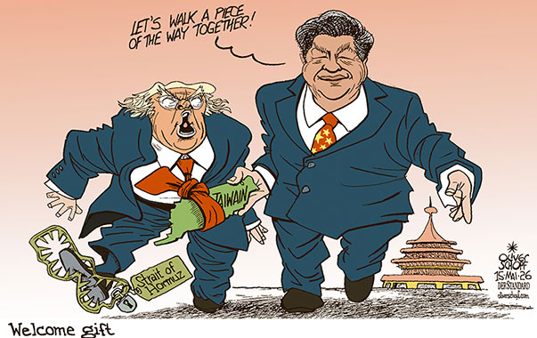 Oliver Schopf, editorial cartoons from Austria, cartoonist from Austria, Austrian illustrations, illustrator from Austria, editorial cartoon politics politician International, Cartoon Movement, @oliverschopf.bsky.social 2026: TRUMP VISIT CHINA XI JINPING DEAL TALKS NEGOTIATIONS STRAIT OF HORMUZ TAIWAN TRAP KNIT AROUND THE NECK TIE WEAKNESS STRENGTH POWER
 

 




 





 




























