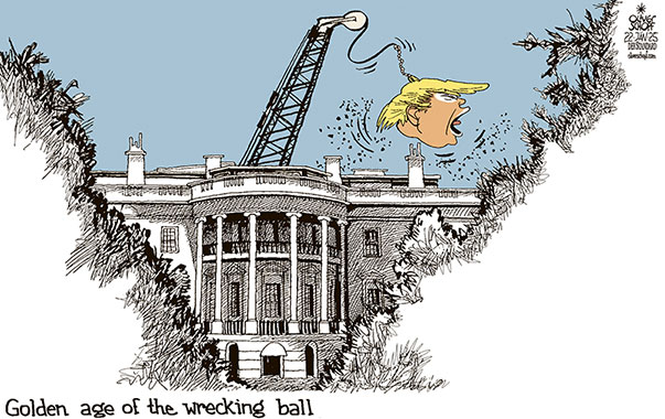 Oliver Schopf, editorial cartoons from Austria, cartoonist from Austria, Austrian illustrations, illustrator from Austria, editorial cartoon politics politician International, Cartoon Movement, 2025: USA DONALD TRUMP 47TH PRESIDENT INAUGURATION THE WHITE HOUSE GOLDEN AGE EXECUTIVE ORDERS DECREES WRECKING BALL

























