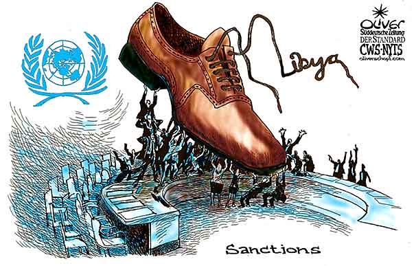 Oliver Schopf, editorial cartoons from Austria, cartoonist from Austria, Austrian illustrations, illustrator from Austria, editorial cartoon politics politician International 2011: uno united nations libya sanctions security council shoe








