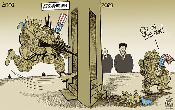 Oliver Schopf, editorial cartoons from Austria, cartoonist from Austria, Austrian illustrations, illustrator from Austria, editorial cartoon politics politician International, Cartoon Arts International, 2021: AFGHANISTAN USA RETREAT PULL OUT TROOPS KABUL AIRPORT 20 YEARS WAR TERROR 9/11 SUPERPOWER EUROPE CHINA PUTIN XI JINPING WEAK WEAKNESS    

