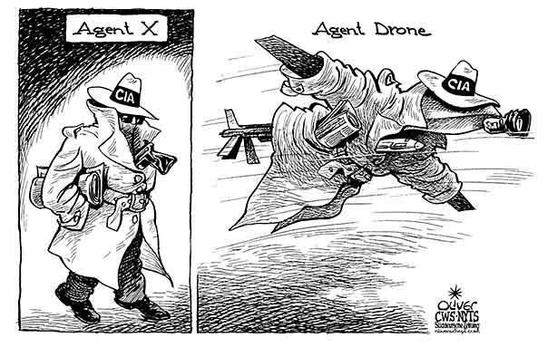 Oliver Schopf, editorial cartoons from Austria, cartoonist from Austria, Austrian illustrations, illustrator from Austria, editorial cartoon world 2009:  usa, cia, agent, drone weapons arms aircraft