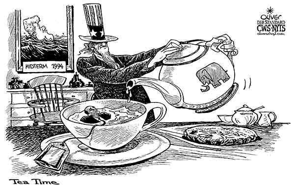 Oliver Schopf, editorial cartoons from Austria, cartoonist from Austria, Austrian illustrations, illustrator from Austria, editorial cartoon world 2010 usa midterm elections uncle sam obama tea party tea pot 

