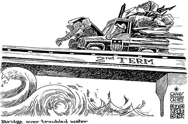 Oliver Schopf, editorial cartoons from Austria, cartoonist from Austria, Austrian illustrations, illustrator from Austria, editorial cartoon politics politician International, Cartoon Arts International, New York Times Syndicate, Cagle cartoon 2013 : USA OBAMA BARACK PRESIDENT 2ND TERM ELEPHANT REPUBLICANS BRIDGE OVER TROUBLED WATER PICKUP CAR 


