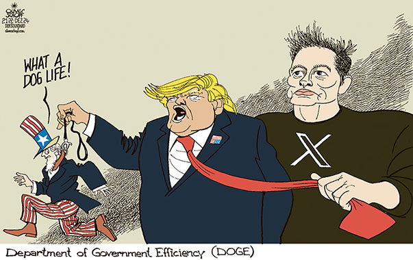 Oliver Schopf, editorial cartoons from Austria, cartoonist from Austria, Austrian illustrations, illustrator from Austria, editorial cartoon politics politician International, Cartoon Movement, 2024: USA TRUMP ELON MUSK X UNCLE SAM DEPARTMENT OF GOVERNMENT EFFICIENCY DOGE SHUTDOWN DOG LEASH 


























