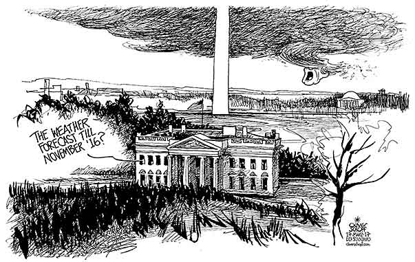 Oliver Schopf, editorial cartoons from Austria, cartoonist from Austria, Austrian illustrations, illustrator from Austria, editorial cartoon politics politician International, Cartoon Arts International, New York Times Syndicate, 2016: USA PRESIDENTIAL ELECTIONS DONALD TRUMP WHITE HOUSE HURRICANE WEATHER FORCAST WASHONGTON D.C. 
