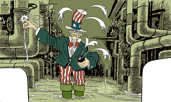 Oliver Schopf, editorial cartoons from Austria, cartoonist from Austria, Austrian illustrations, illustrator from Austria, editorial cartoon politics politician International, Cartoon Arts International, 2023: USA UNCLE SAM INTELLIGENCE AGENCIES CIA PENTAGON LEAKS TUBES INTERNET CELL-PHONE DISCORD DRAIN OFF SEAL








