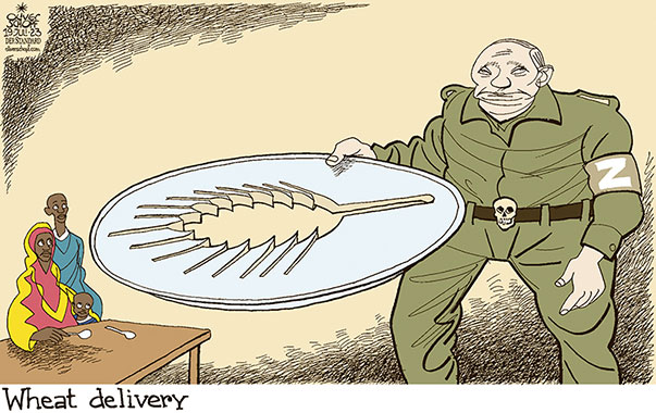 Oliver Schopf, editorial cartoons from Austria, cartoonist from Austria, Austrian illustrations, illustrator from Austria, editorial cartoon politics politician International, Cartoon Movement, CartoonArts International 2023: UKRAINE WHEAT GRAIN DELIVERY PUTIN HUNGER FOOD AFRICA DISH PLATE EMPTY


