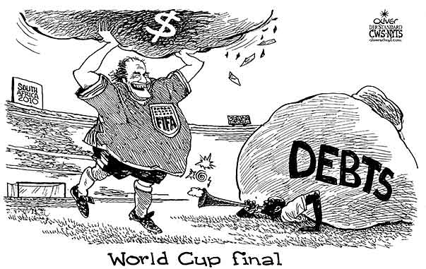 Oliver Schopf, editorial cartoons from Austria, cartoonist from Austria, Austrian illustrations, illustrator from Austria, editorial cartoon politics politician International 2010: soccer world cup final fifa sepp blatter debts vuvuzela dollar






