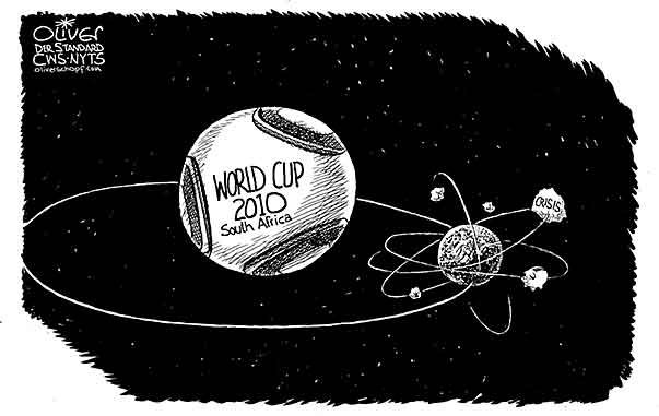 Oliver Schopf, editorial cartoons from Austria, cartoonist from Austria, Austrian illustrations, illustrator from Austria, editorial cartoon politics politician International 2010: world cup 2010 soccer ball jabulani planet earth crisis




