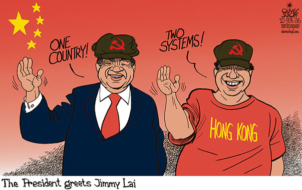 Oliver Schopf, editorial cartoons from Austria, cartoonist from Austria, Austrian illustrations, illustrator from Austria, editorial cartoon politics politician International, Cartoon Movement, @oliverschopf.bsky.social 2026: CHINA HONG KONG JIMMY LAI PUBLISHER DEMOCRACY ACTIVIST CRITIC SENTENCE 20 YEARS XI JINPING ONE COUNTRY TWO SYSTEMS 

 





 




























