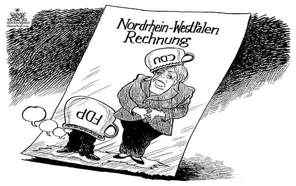  Oliver Schopf, politischer Karikaturist aus Österreich, politische Karikaturen, Illustrationen Archiv politische Karikatur Deutschland  2010 nordrhein-westfalen wahlen rechnung merkel cdu fdp scherb’n auf 