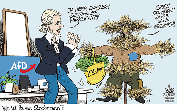 Oliver Schopf, politischer Karikaturist aus Österreich, politische Karikaturen aus Österreich, Karikatur Cartoon Illustrationen Politik Politiker Deutschland @oliverschopf.bsky.social 2025: AfD SPENDE ALICE WEIDEL GERHARD DINGLER STROHMANN SCHENKUNG WAHLKAMPF BUNDESTAGSWAHLEN 

















